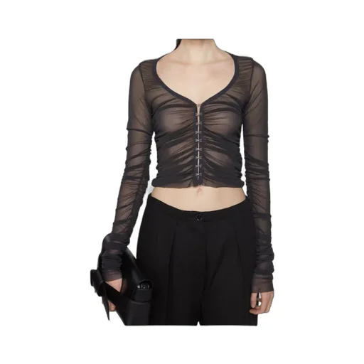V-Neck Semi-Sheer Ruched Blouse