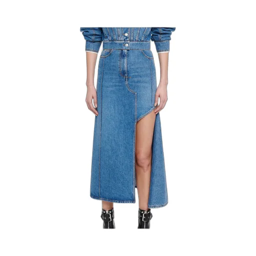 Slashed Cut-Out Denim Midi Skirt