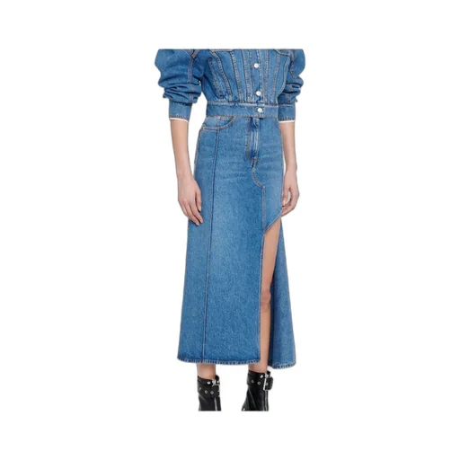 Slashed Cut-Out Denim Midi Skirt