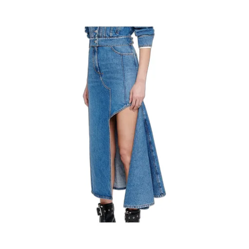 Slashed Cut-Out Denim Midi Skirt
