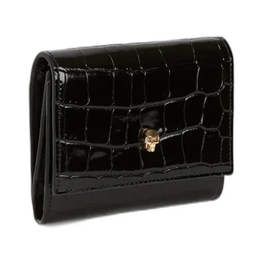 Skull-Charm Embossed Tri-Fold Wallet
