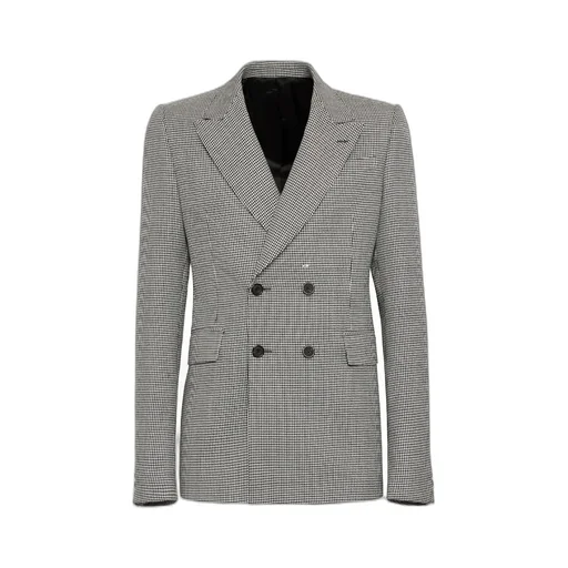 Houndstooth-Printed Double-Breasted Tailored Blazer