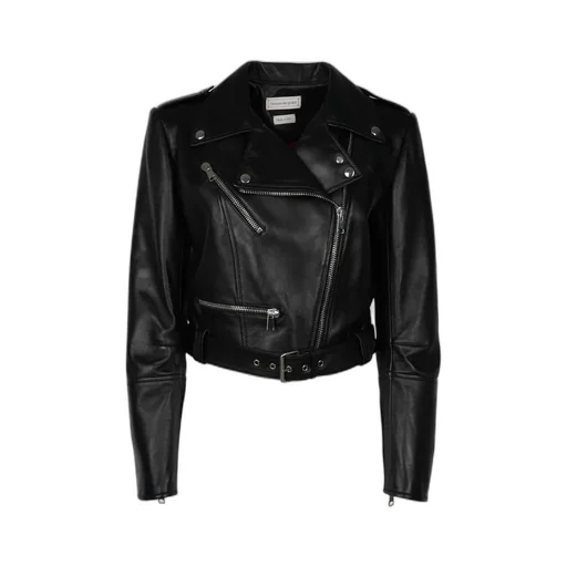 Cropped Zipped Leather Biker Jacket
