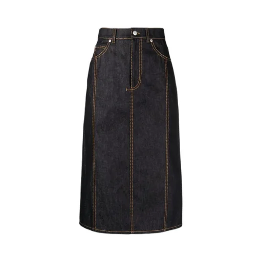 Contrast-Stitching Denim Midi Skirt