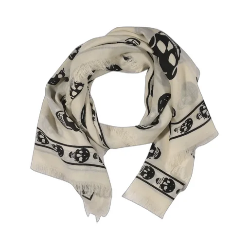 Skull-Printed Fringed Scarf