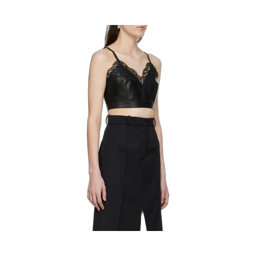 Cropped Lace-Trim Leather Top