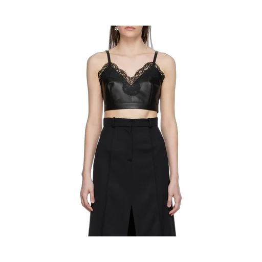 Cropped Lace-Trim Leather Top
