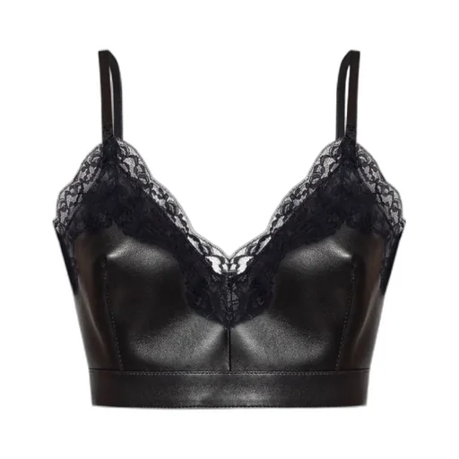 Cropped Lace-Trim Leather Top