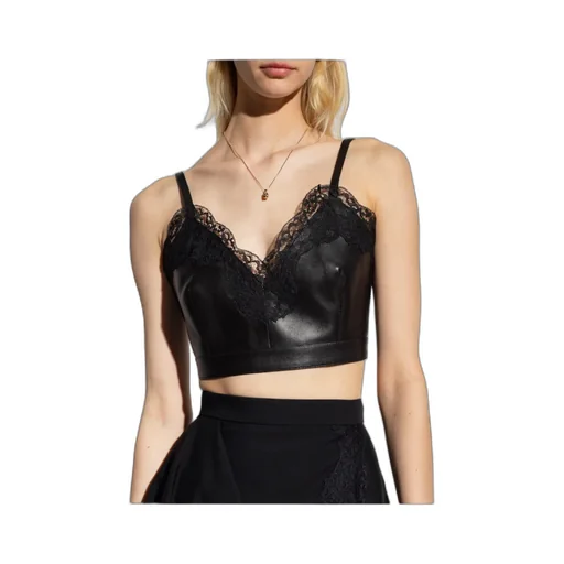 Cropped Lace-Trim Leather Top