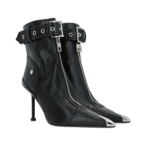 Buckle-Fastened Pointed-Toe Ankle Boots