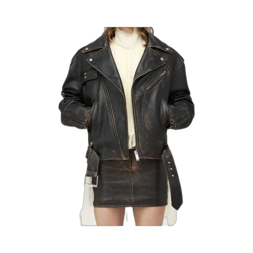 Oversized Distressed Leather Biker Jacket