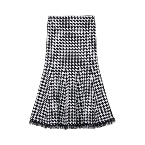 Houndstooth Frayed-Edge Midi Skirt