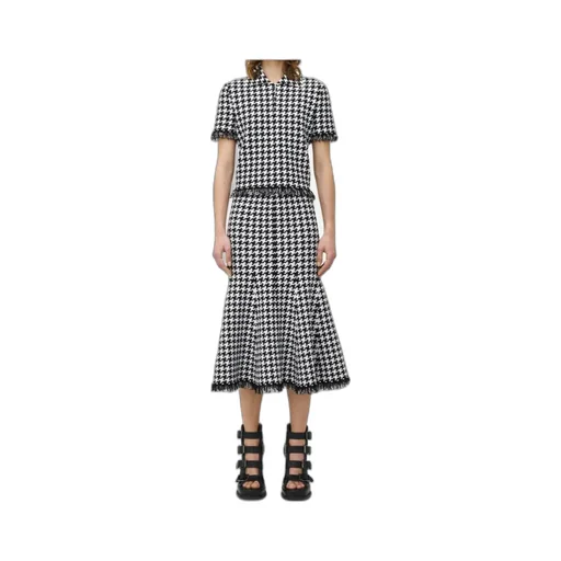 Houndstooth Frayed-Edge Midi Skirt