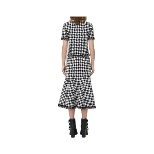 Houndstooth Frayed-Edge Midi Skirt