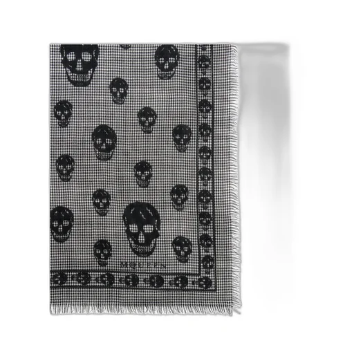 Houndstooth Skull Printed Frayed-Edge Scarf