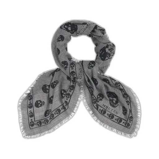Houndstooth Skull Printed Frayed-Edge Scarf