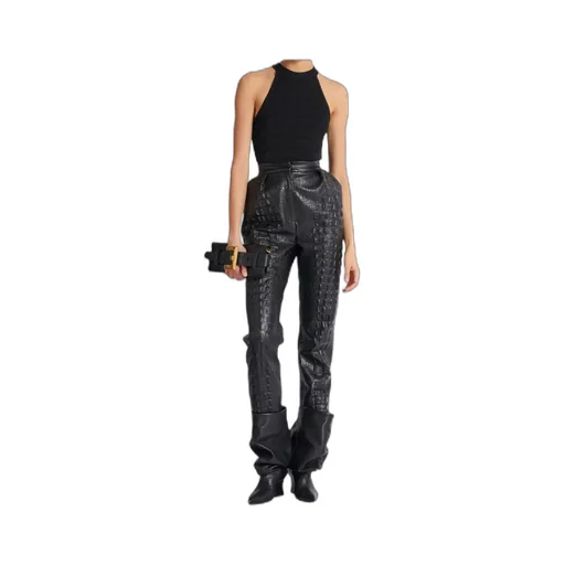 Crocodile-Effect Embossed High-Waisted Trousers