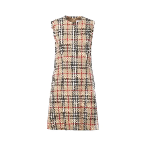 Checked Frayed-Trim Sleeveless Tweed Dress