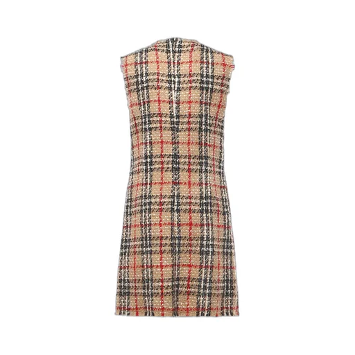 Checked Frayed-Trim Sleeveless Tweed Dress
