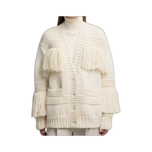 Fringe-Trim Wool Blend V-Neck Cardigan