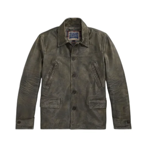 Distressed Leather Button-Up Jacket