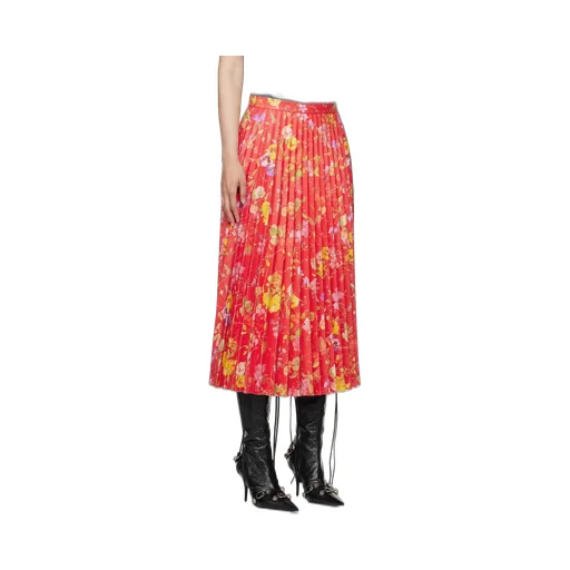 Floral-Print Pleather Leather Skirt