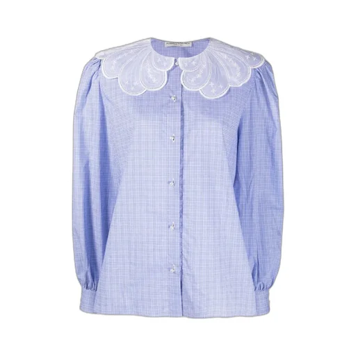 Check-Print Scalloped Collar Blouse