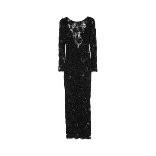 Sequin-Embellished Floral-Appliqué Maxi Dress