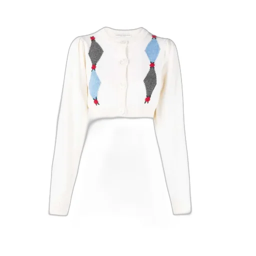Rose-Embroidered Argyle Wool Cardigan