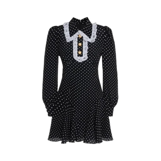 Lace-Trimmed Polka-Dot Mini Dress