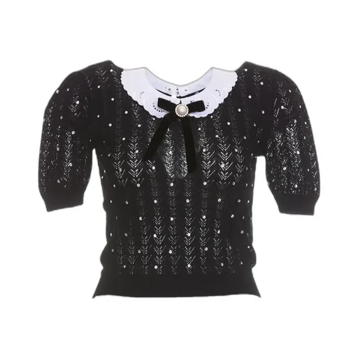 Contrast-Collar Crystal-Embellished Knitted Top