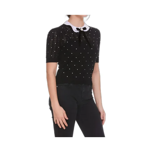 Contrast-Collar Crystal-Embellished Knitted Top