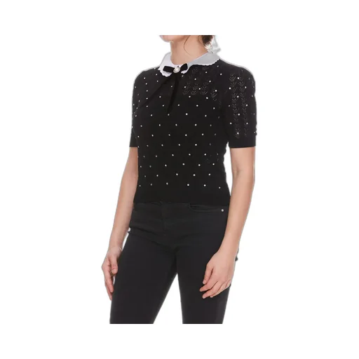Contrast-Collar Crystal-Embellished Knitted Top