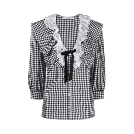 Check-Print Ruffle-Collar Shirt