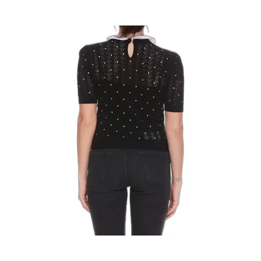 Contrast-Collar Crystal-Embellished Knitted Top