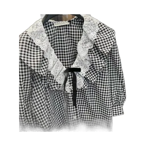 Check-Print Ruffle-Collar Shirt