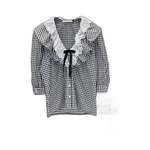 Check-Print Ruffle-Collar Shirt