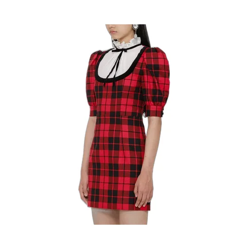 Plaid Short-Sleeved Wool Dress