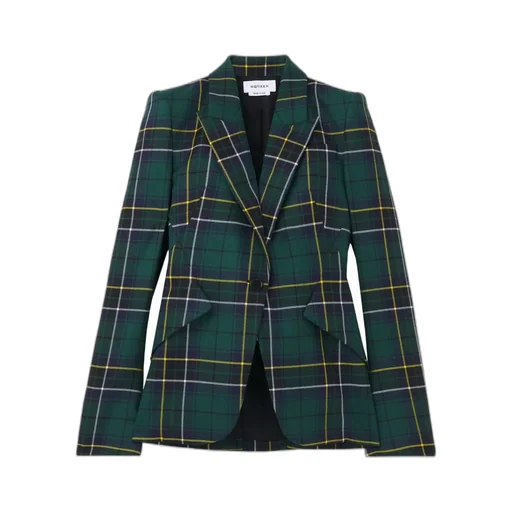 Peak-Lapel Tartan-Plaid Blazer