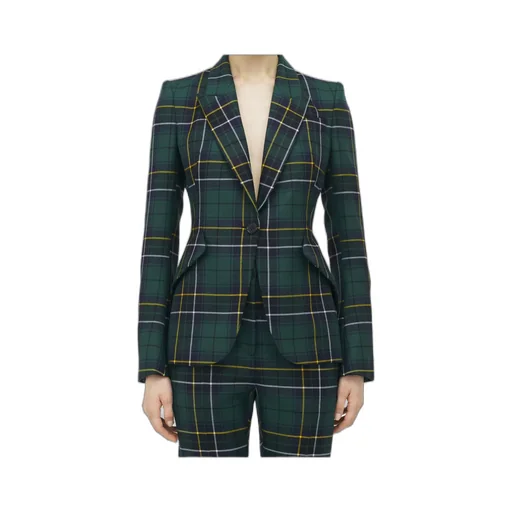 Peak-Lapel Tartan-Plaid Blazer