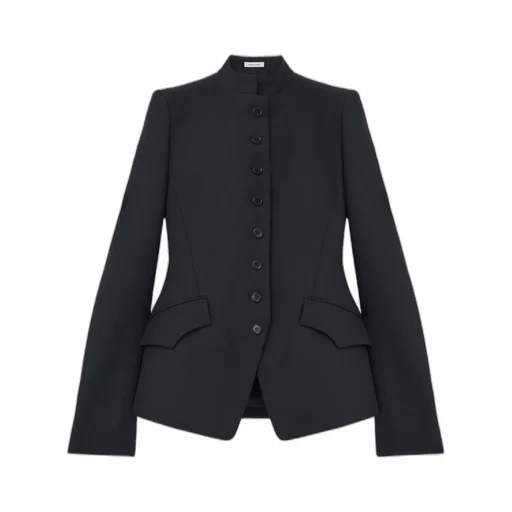 Mandarin-Collar Button-Front Fitted Jacket