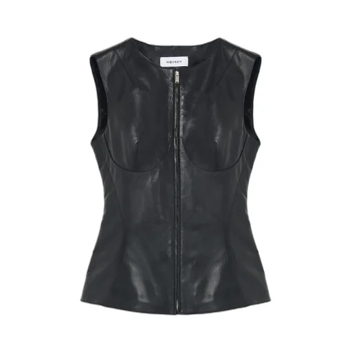 Zipped Crewneck Leather Vest
