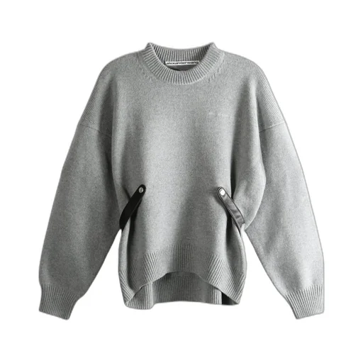 Long Sleeve Screwneck Detachable Leather Tabs Pullover