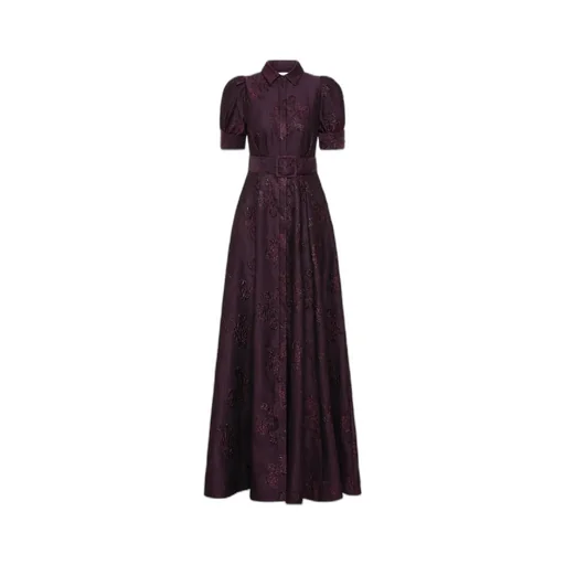 Afina Puff-Sleeve Brocade Gown