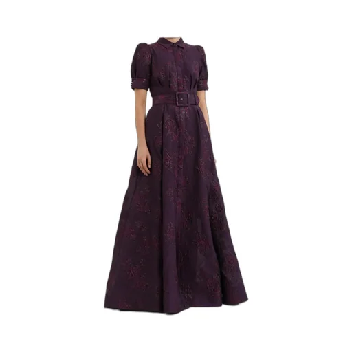 Afina Puff-Sleeve Brocade Gown