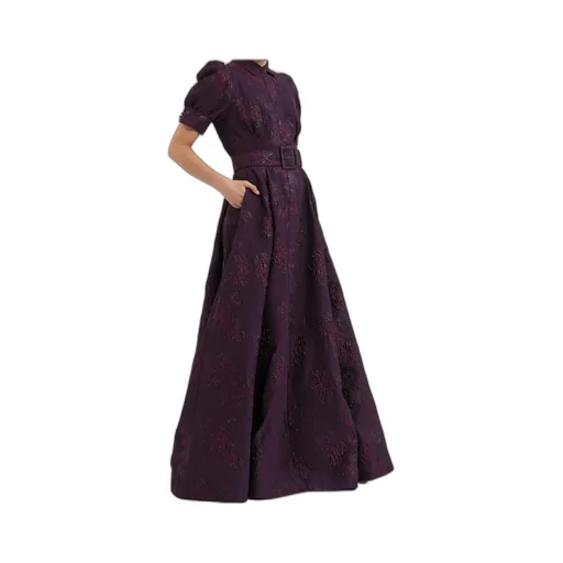 Afina Puff-Sleeve Brocade Gown