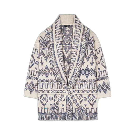 Geometric-Pattern Fringed Cardigan