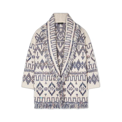 Geometric-Pattern Fringed Cardigan