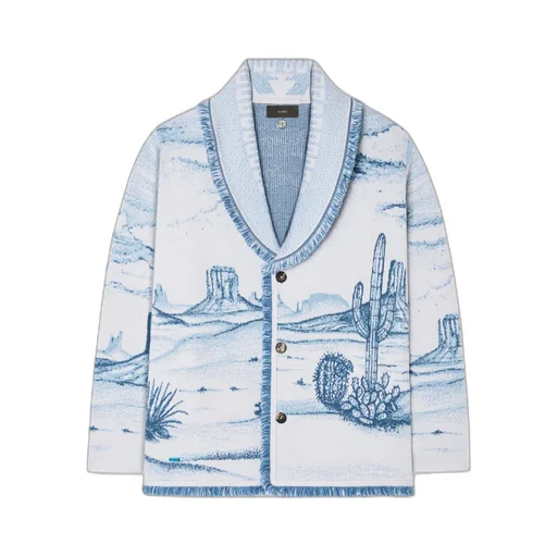 Silent Rider Landscape-Intarsia Fringed Cardigan