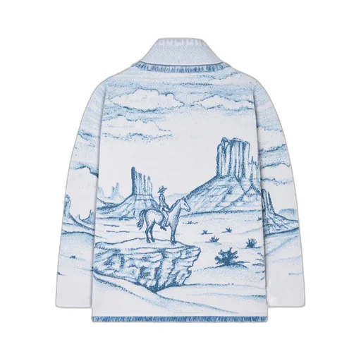 Silent Rider Landscape-Intarsia Fringed Cardigan